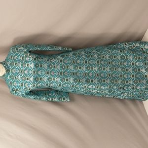 70's Designer Mollie Parnis Metallic Gown Vintage Maxi Dress Teal Aqua Classic